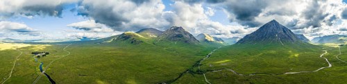 Panorama of The Buachaille or Buachaille Etive MÃ²r and River Coupall from a drone, Glen Etive and