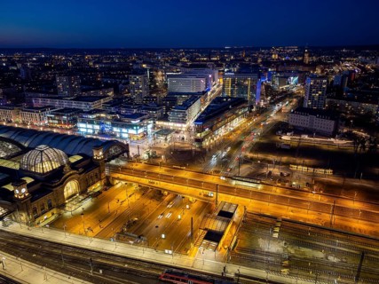 Central station at Wiener Platz. The new construction has been completed, the membrane roof of the