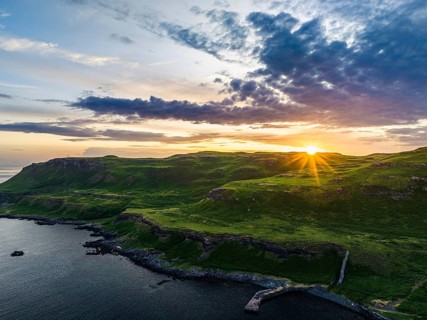 Sunset over Calgary Beach and Bay from a drone, Isle of Mull, Scottish Inner Hebrides, Scotland, UK