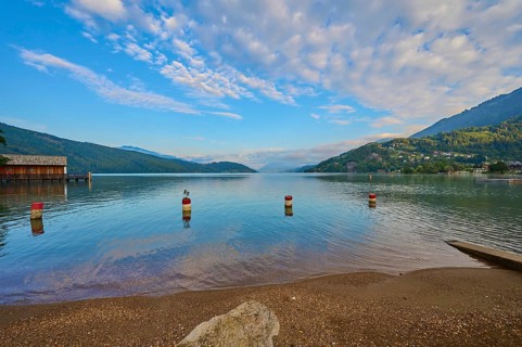 Lake shore, reflection, boathouse, sky, clouds, sunrise, summer, Lake Millstatt, Döbriach,