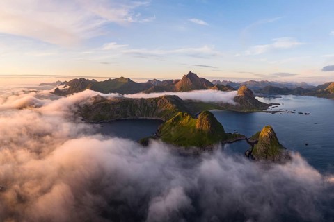 Coast, fjords and mountains, Mount Trehyrna, near Nykvag, Langoya island, Vesteralen archipelago,