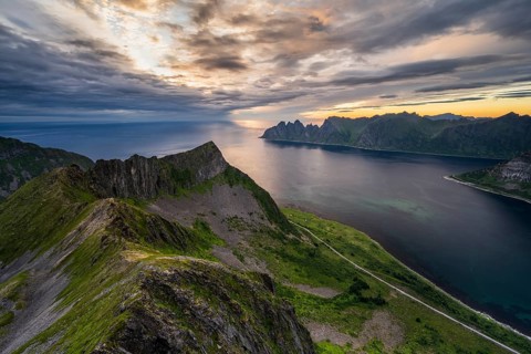 Fjord and mountains, mountain range Okshornan in the back, Senja, Norway, Europe