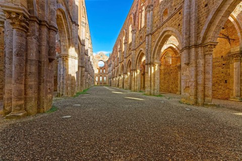 Nave, crossing and choir, church ruins of the Cistercian Abbey of San Galgano, Abbazia San Galgano,