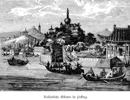 Imperial Gardens in Beijing, Beijing, river, rowing boats, sailing boat, hills, houses, palace,