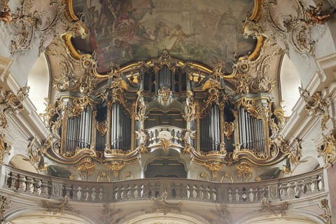 Organ of the baroque pilgrimage church Mariä Heimsuchung Käppele, interior view, ornaments,