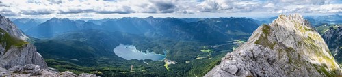 Alpine panorama, Waxenstein on the right, view of Eibsee lake and Werdenfelser Land, Wetterstein