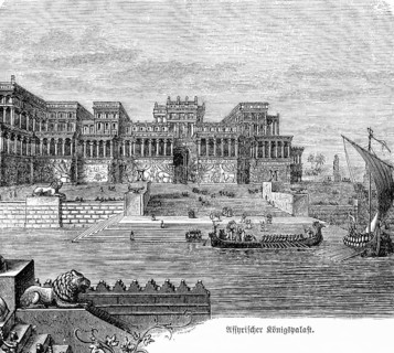 Assyrian Royal Palace, Assyrian Empire, river, sailing ship, galley, lion statue, pageantry, shore,