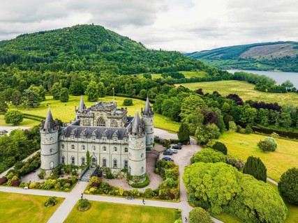 Inveraray Castle from a drone, Clan Campbell, Loch Fyne, Argyll, Scotland, UK