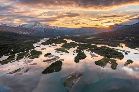 Aerial view, river delta with islands and mountains, river Glomaga, Mo i Rana, Norway, Europe