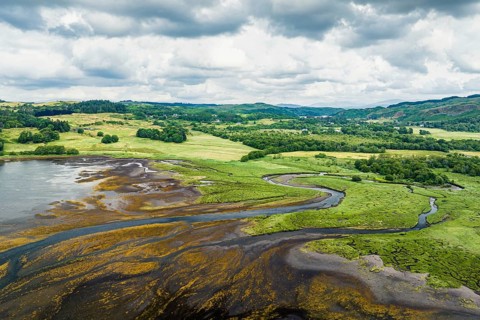 Loch Feochan and Feochan Bheag River from a drone, Feochan Glen, Oban, Argyll and Bute, West