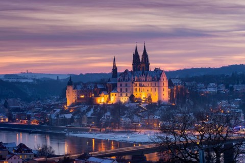 View from the Proschwitz Winery of Meissen Castle Hill with Albrechtsburg Castle, Bishop's Palace