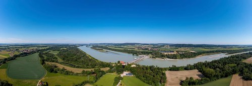 Drone shot, Inn power plant Ering Frauenstein, Frauenstein Castle, Mining, Inn, Innviertel, Upper