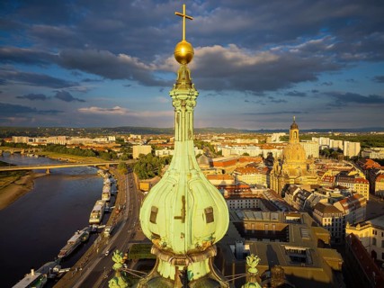 Old town of Dresden with the famous towers. in the foreground the Catholic Court Church