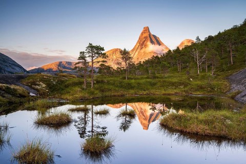 Norway's national mountain Stetind reflected in small lake, Tysfjord, Ofoten, Norway, Europe