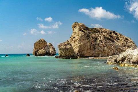 Petra tou Romiou, the Rock of Aphrodite on the coast in Kouklia near Paphos, Cyprus, Europe