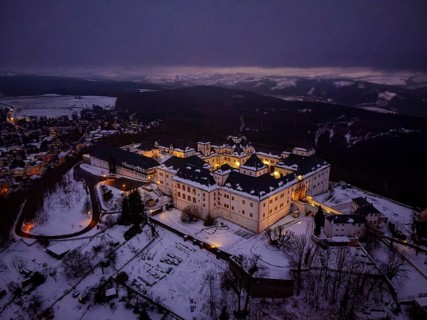 Augustusburg Hunting Lodge, also known as the Crown of the Ore Mountains, on a Winter Evening
