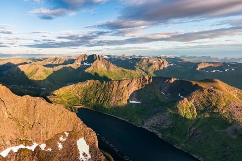 Fjord and mountains, view of Breidtinden peak, Senja, Norway, Europe