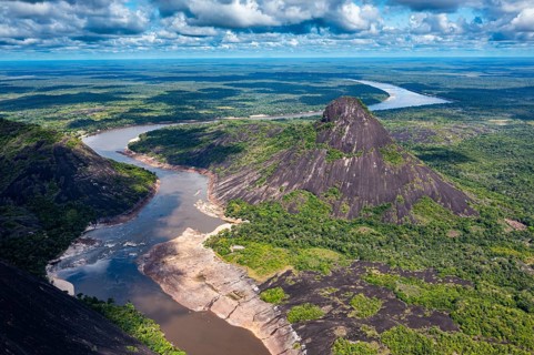Aerial of the huge granite hills, Cerros de Mavecure, Eastern Colombia