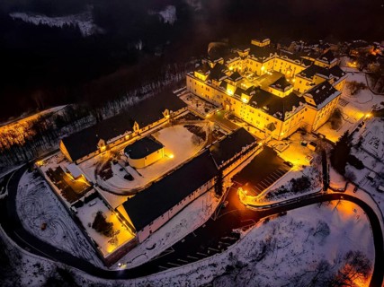 Augustusburg Hunting Lodge, also known as the Crown of the Ore Mountains, on a Winter Evening
