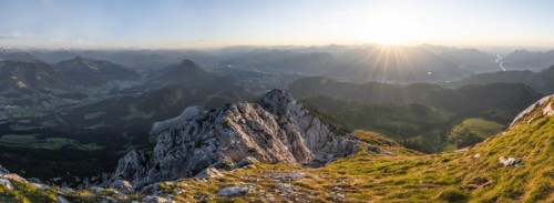 Alpine panorama, sunset, Hintersteiner See in the mountains, view from Schaffauer, Wilder Kaiser,
