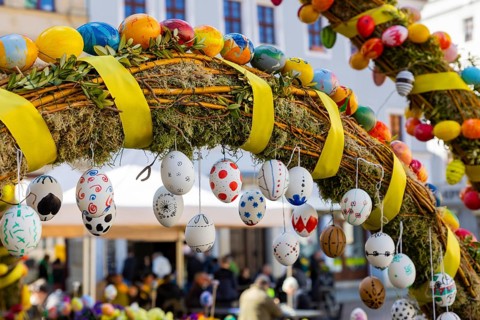 The old town of Pirna decorated for Easter. Since reunification, numerous historically valuable
