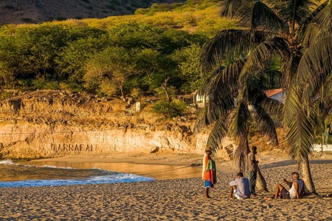 Young men, staying afternoon at sandbeach. Tarrafal. Santiago. Cabo Verde. Africa
