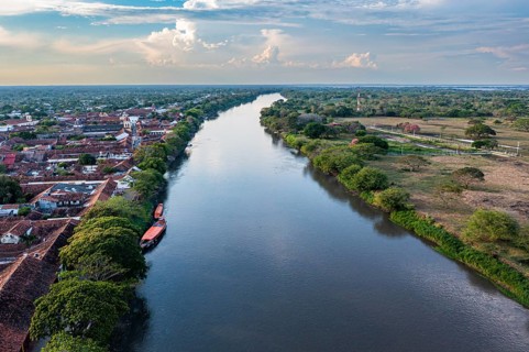 Aerial of the Magdalena river and the Unesco world heritage site, Mompox, Colombia, South America