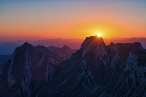 Alpstein Mountains at sunrise, view of Mount Hoher Kasten, Canton Appenzell Innerrhoden,