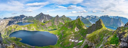 Panorama, mountain landscape with steep rocky peaks and lake Tennesvatnet and Krokvatnet, in the