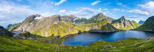 Panorama, mountain landscape with lake Tennesvatnet and Fjerddalsvatnet, at sunrise, in the back