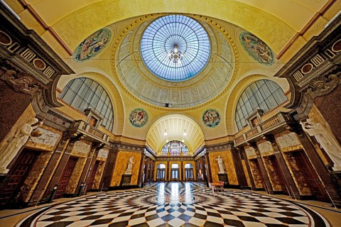 Foyer with glass dome in the spa hotel and Casino in the evening, Wiesbaden, Hesse, Germany, Europe