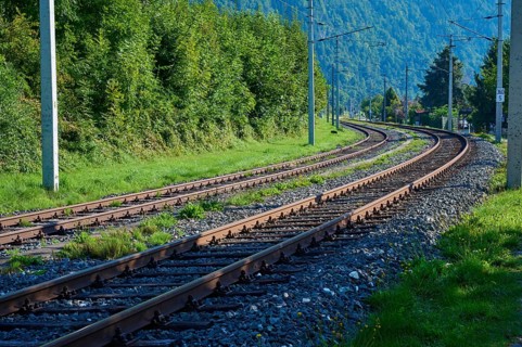 Railway line, morning, summer, Steindorf am Lake Ossiach, Lake Ossiach, Carinthia, Austria, Europe