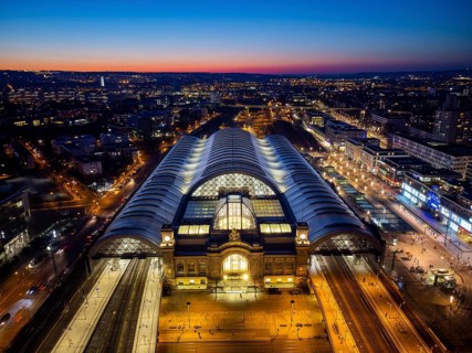 Central station at Wiener Platz. The new construction has been completed, the membrane roof of the