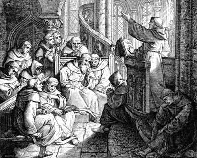 Martin Luther preaching in the monastery in front of Staupitz to other monks as a preparatory