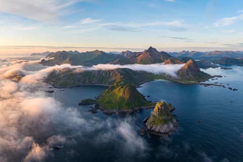 Coast, fjords and mountains, Mount Trehyrna, near Nykvag, Langoya island, Vesteralen archipelago,