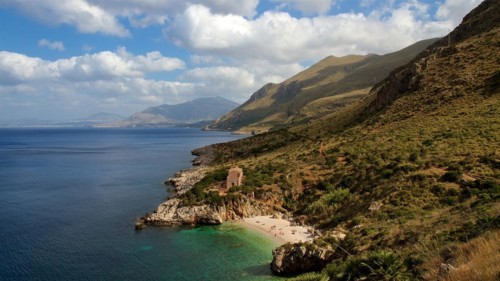 Coastline, green hills, green bay, small beach, blue cloudy sky, Zingaro, national park, nature