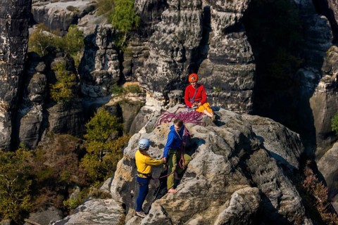 Climbers in the Schrammstein area in Saxon Switzerland