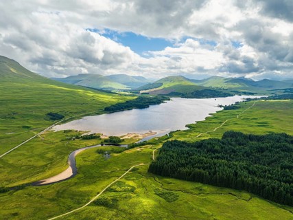 Loch Tulla and Beinn Dorain from a drone, Glen Coe, Highlands, Scotland, UK