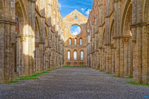 Nave, crossing and choir, church ruins of the Cistercian Abbey of San Galgano, Abbazia San Galgano,