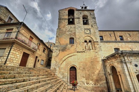 HDR shot, super wide angle shot, wide staircase, cloudy sky, church tower, Chiesa madre SS Pietro e