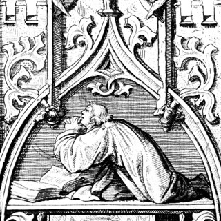 Martin Luther in prayer, ornaments, bible, kneeling, semicircle, religion, Christianity, 16th