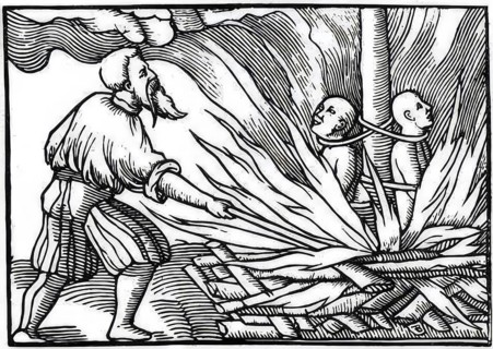 Burning of witches in the 18th century, shaven witches tied to the stake, the torturer setting