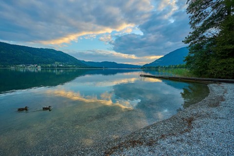 Lakeside, bathing jetty, sky, clouds, sunset, summer, Steindorf am Lake Ossiach, Lake Ossiach,