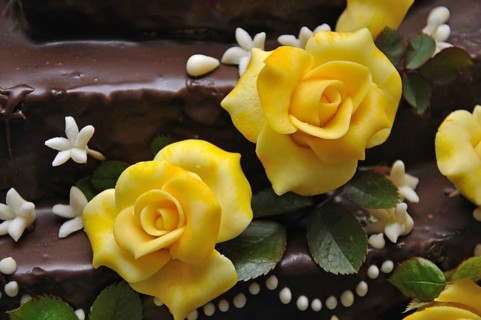 Detail of icing sugar decorations on a chocolate cake