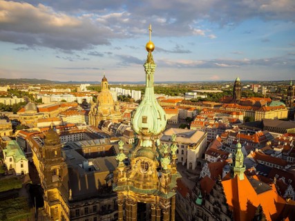 Old town of Dresden with the famous towers. in the foreground the Catholic Court Church