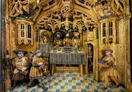 The Last Supper of Emmaus, predella, detail of carved winged altar, work of the Lukas Guild