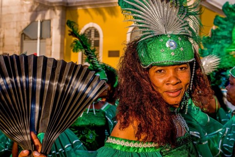 Happy, colourful costumed people. Carnival. Mindelo. Cabo Verde. Africa