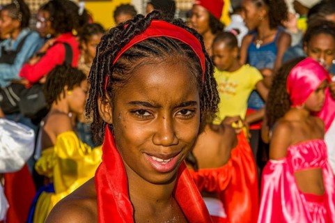 Portrait of colourful costumed, pretty woman. Carnival. Mindelo. Cabo Verde. Africa