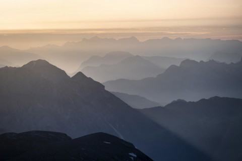 Evening mood, silhouettes, dramatic mountain landscape, view from Hochkönig, Salzburger Land,