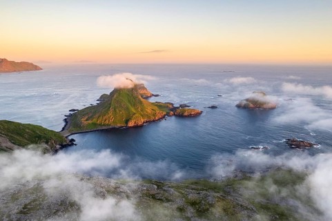 View from Mount Bufjellet towards the coast near Nykvag, Langoya Island, Vesteralen Archipelago,